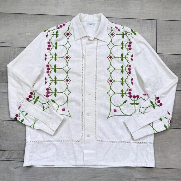 BODE Mens White Embroidered Nouveau Fleur Shirt Size L/XL plain-woven linen Boho - Picture 1 of 15